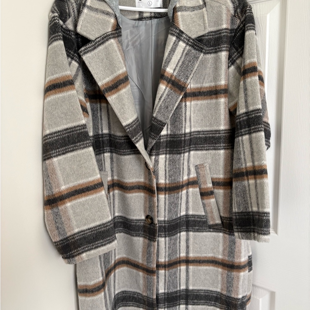Ci Sono Plaid Trench Coat in Gray, Black and Brown